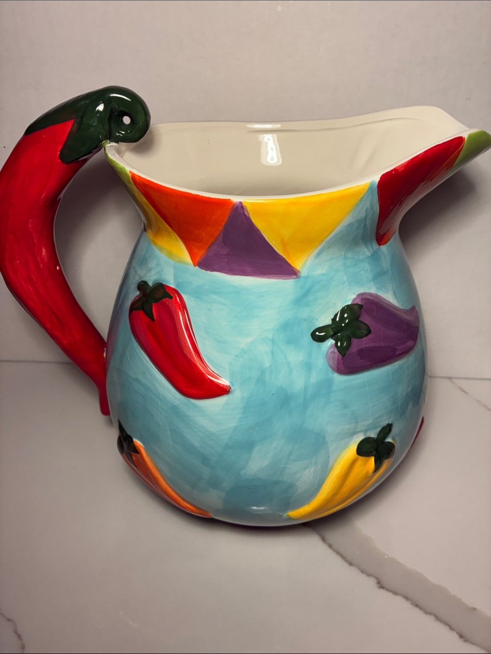 Hand-Painted Ceramic Chili Pitcher in Light Blue with Red Handle. Lisa Levy